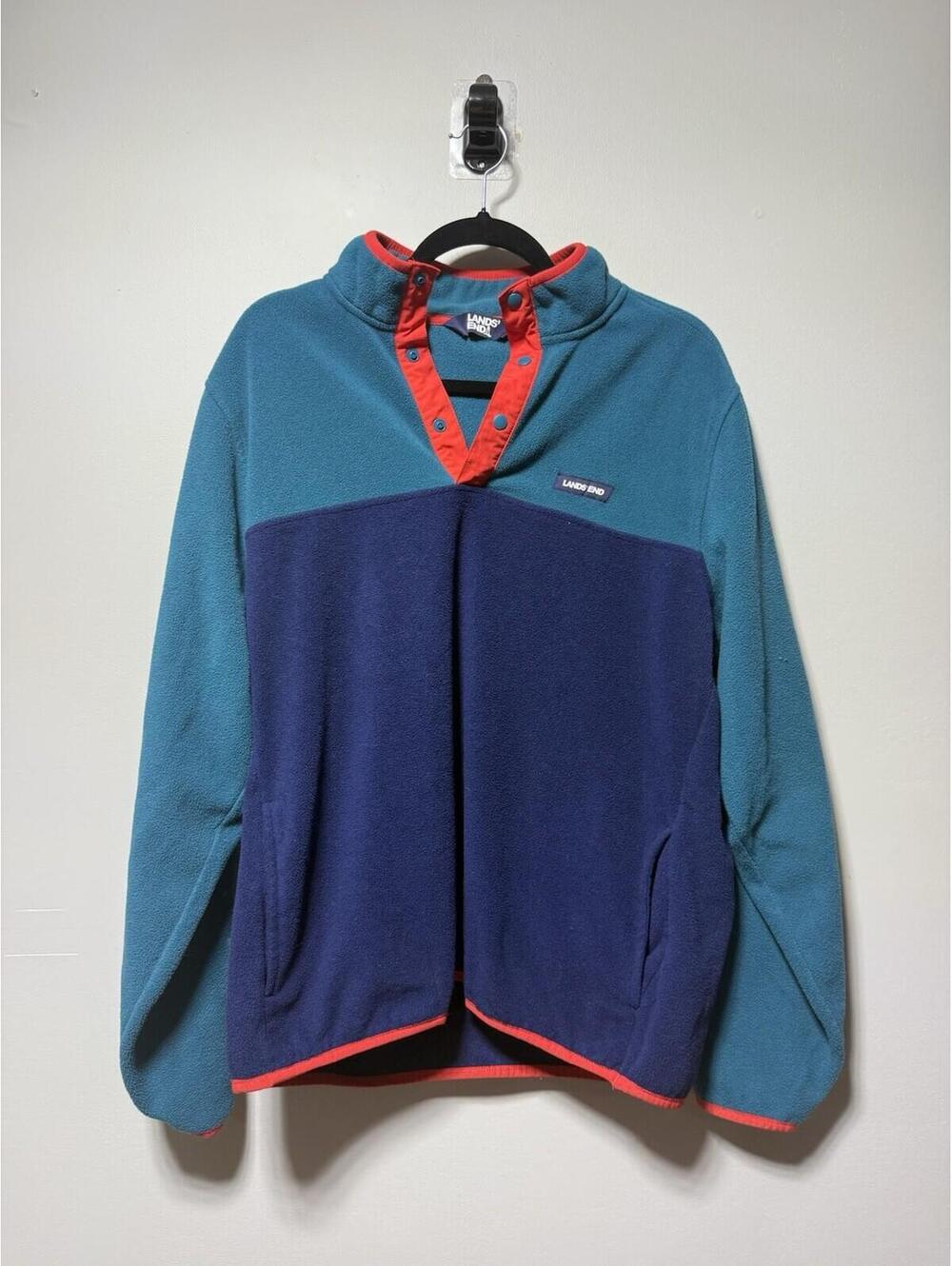 Lands End Heritage Fleece Snap Neck Pullover Navy Peacock Colorblock L Gorpcore